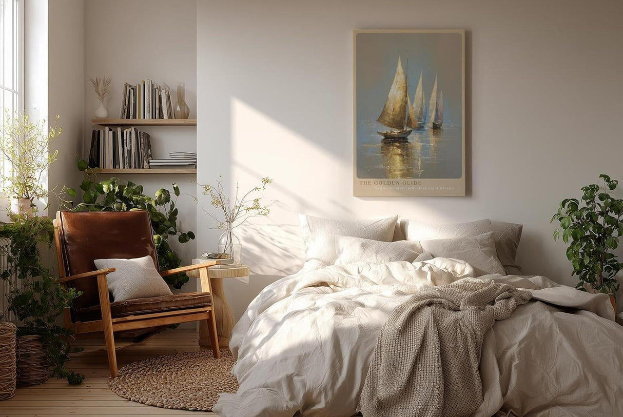 Paul Sinus Wandbild in 40x60cm The Golden Glide – Goldene Segelboote auf ruhigem Wasser im warmen Licht