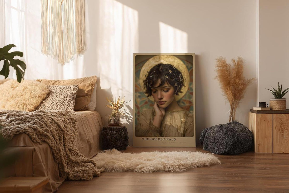 Paul Sinus Wandbild in 40x60cm The Golden Halo – Elegantes Porträt einer jungen Frau mit goldenem Heiligenschein in sanften, warmen Farbtönen für stilvolle Raumgestaltung