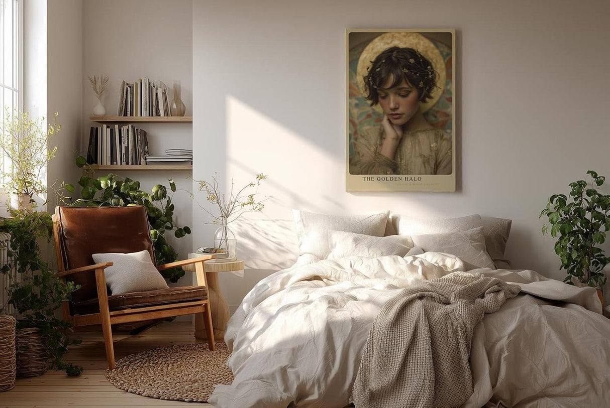 Paul Sinus Wandbild in 40x60cm The Golden Halo – Elegantes Porträt einer jungen Frau mit goldenem Heiligenschein in sanften, warmen Farbtönen für stilvolle Raumgestaltung