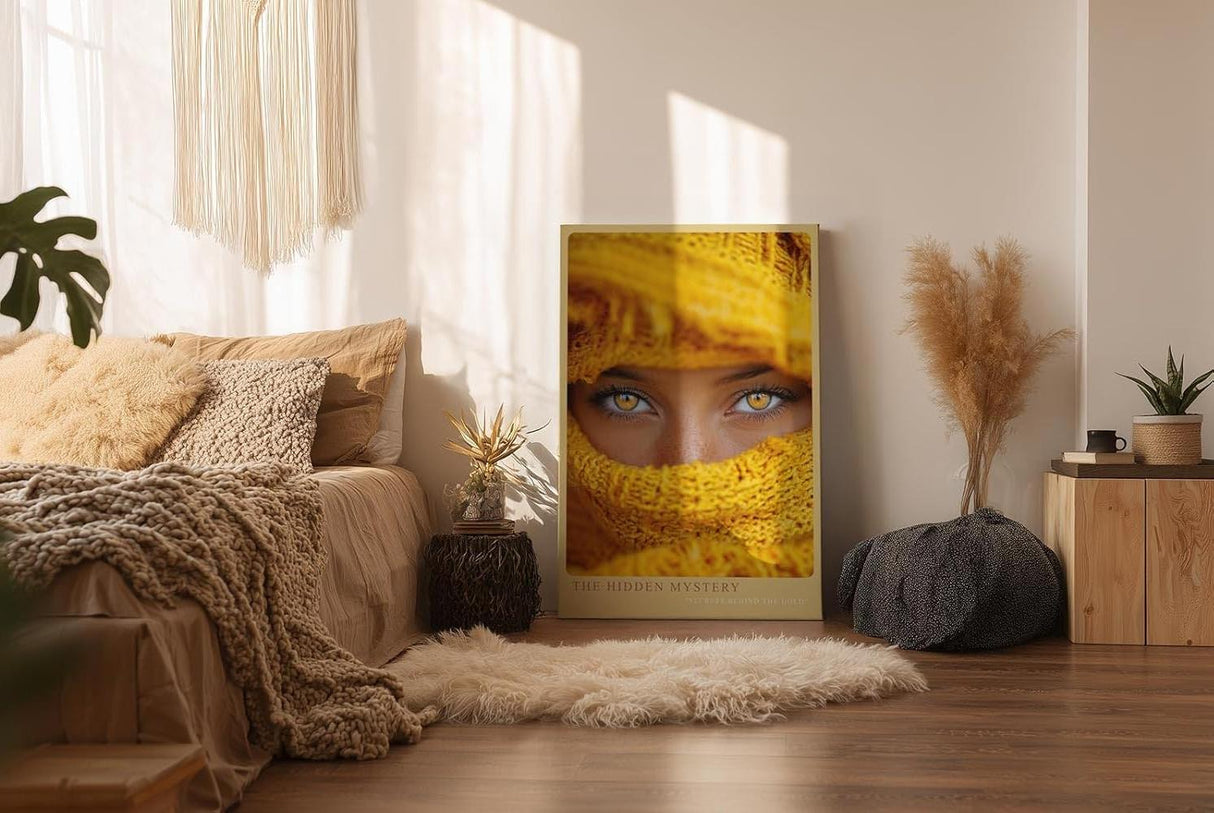 Paul Sinus Wandbild in 40x60cm The Hidden Mystery – Intensives Porträt mit goldenen Augen und gelbem Schal in Nahaufnahme