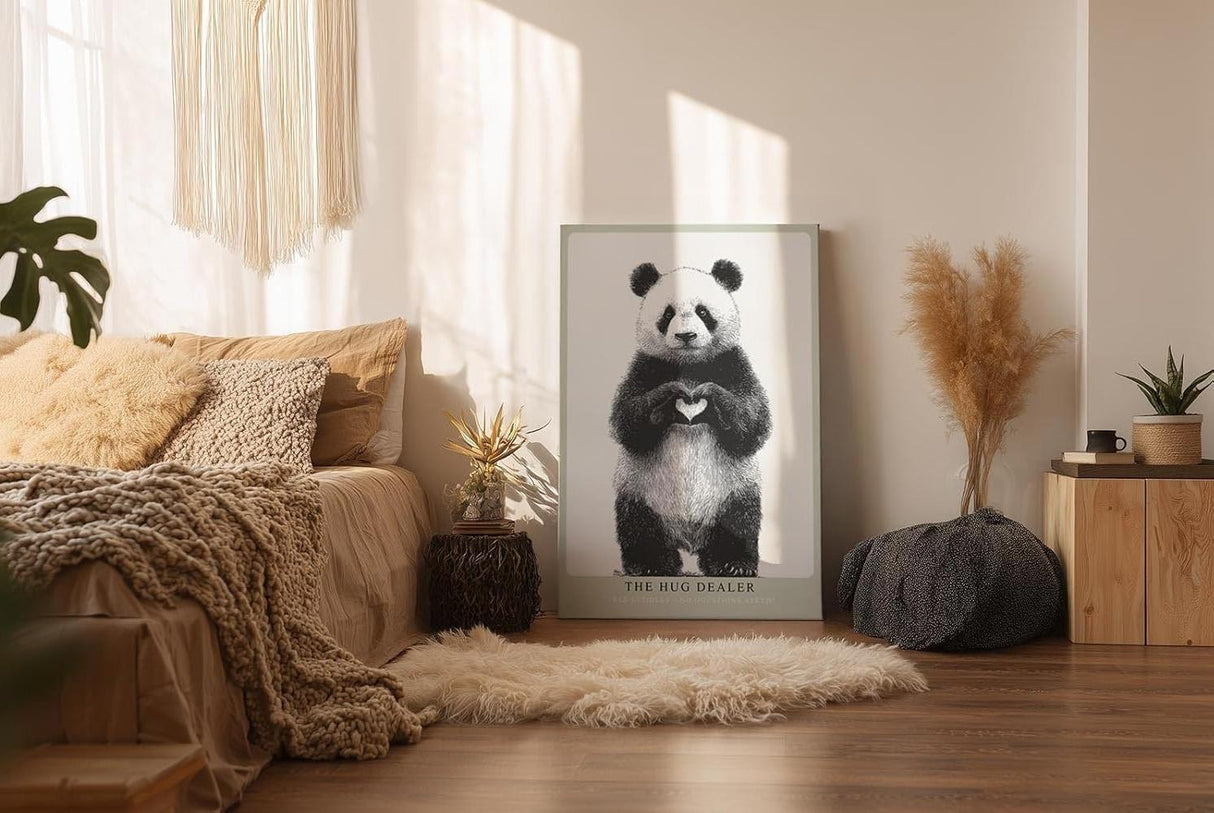 Paul Sinus Wandbild in 40x60cm The Hug Dealer Panda mit Herzgeste schwarz-weiße Tierillustration auf Leinwand