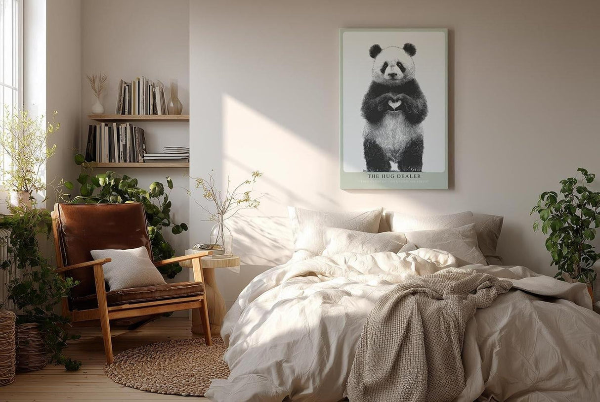 Paul Sinus Wandbild in 40x60cm The Hug Dealer Panda mit Herzgeste schwarz-weiße Tierillustration auf Leinwand