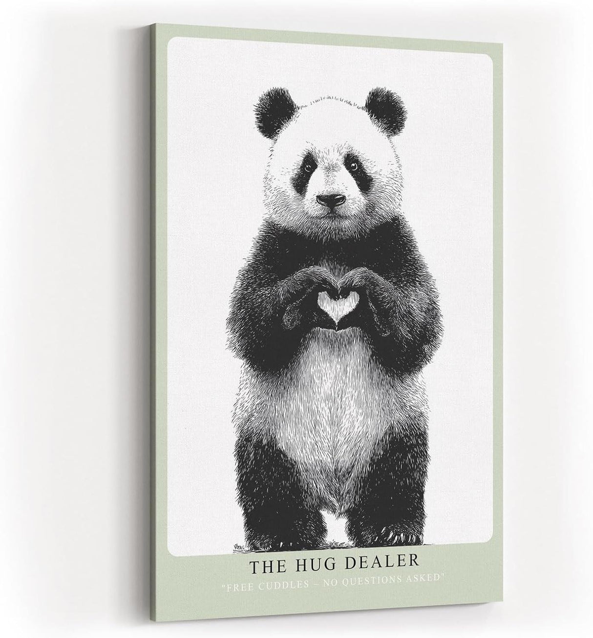 Paul Sinus Wandbild in 40x60cm The Hug Dealer Panda mit Herzgeste schwarz-weiße Tierillustration auf Leinwand