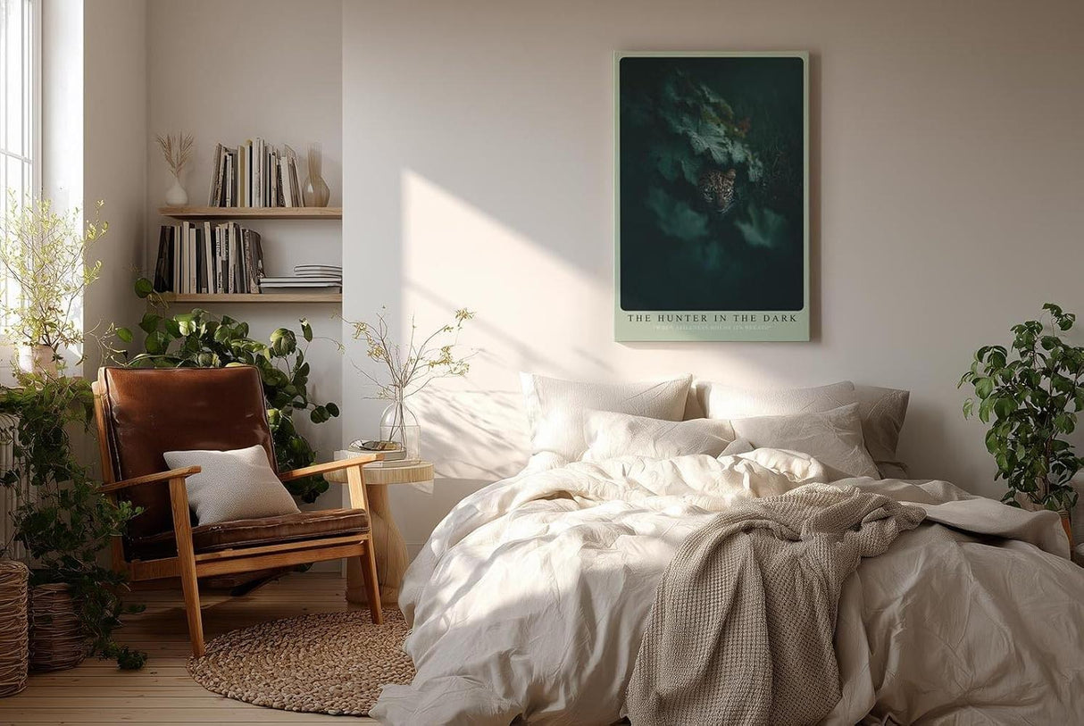 Paul Sinus Wandbild in 40x60cm The Hunter in the Dark – Leopard im Schatten dichter Blätter mit intensiven Augen