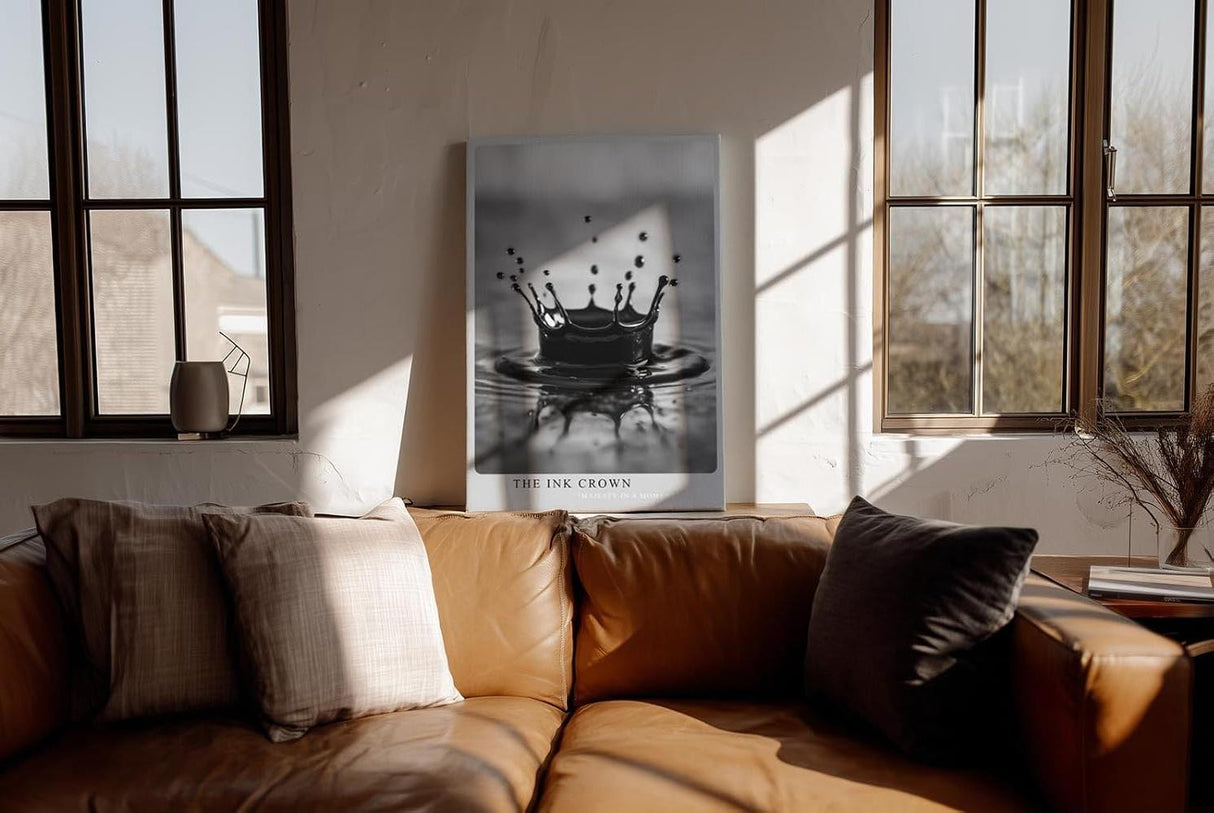Paul Sinus Wandbild in 40x60cm The Ink Crown – Schwarz-Weiß-Aufnahme einer Wasserkrone im Moment des Aufpralls