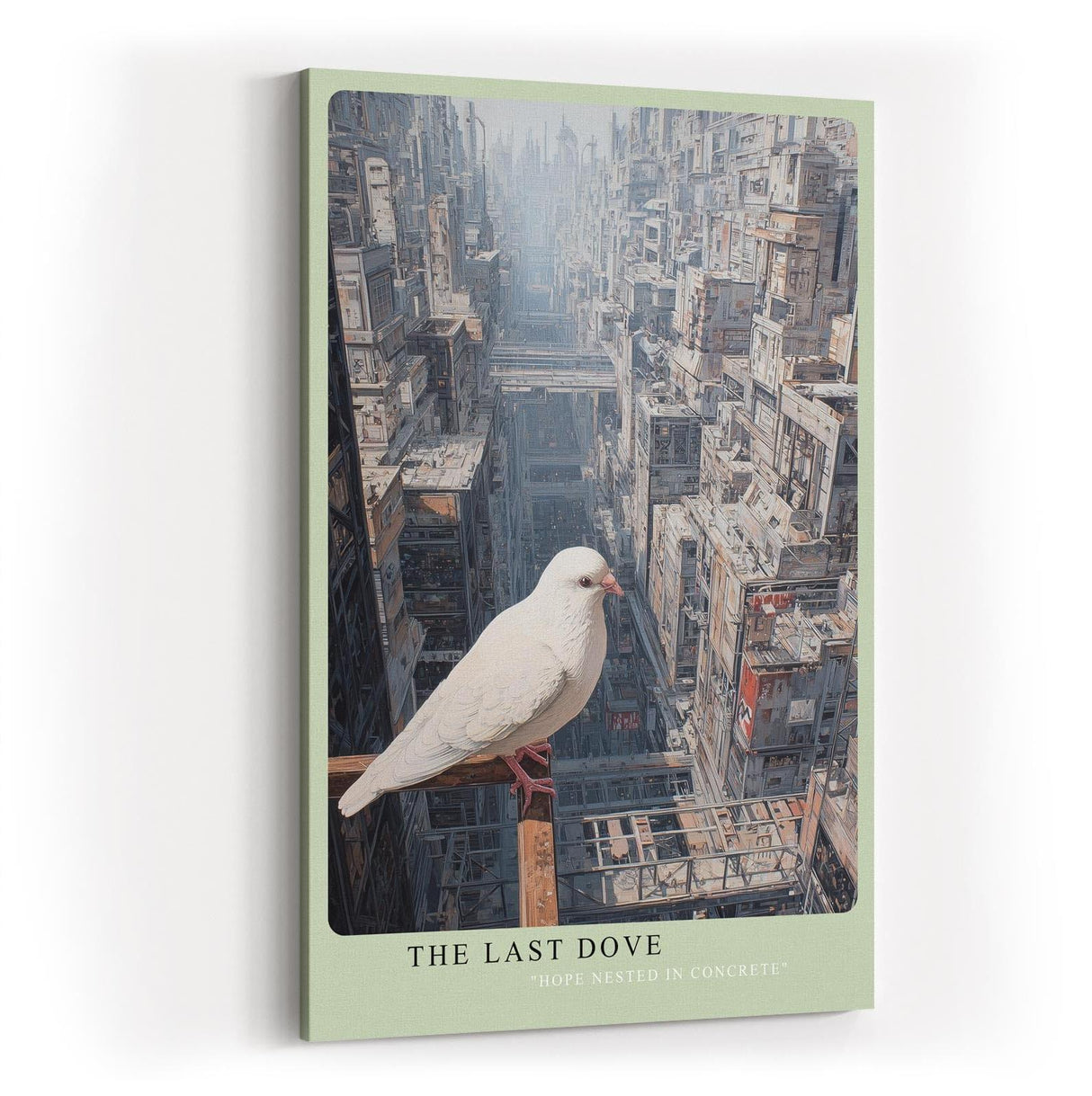 Paul Sinus Wandbild in 40x60cm The Last Dove – Weiße Taube in futuristischer Stadtlandschaft
