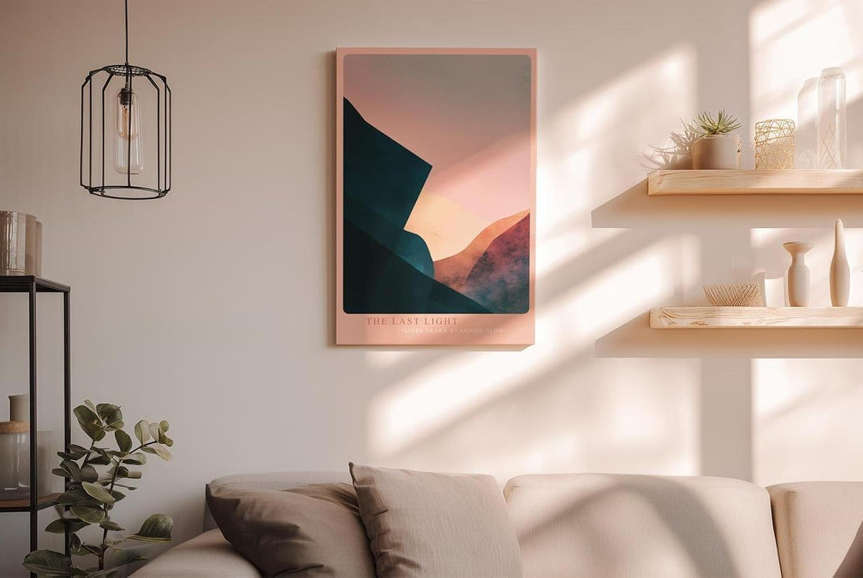 Paul Sinus Wandbild in 40x60cm The Last Light – Abstraktes Bergmotiv in sanften Rosaund Blautönen für moderne Wohnräume