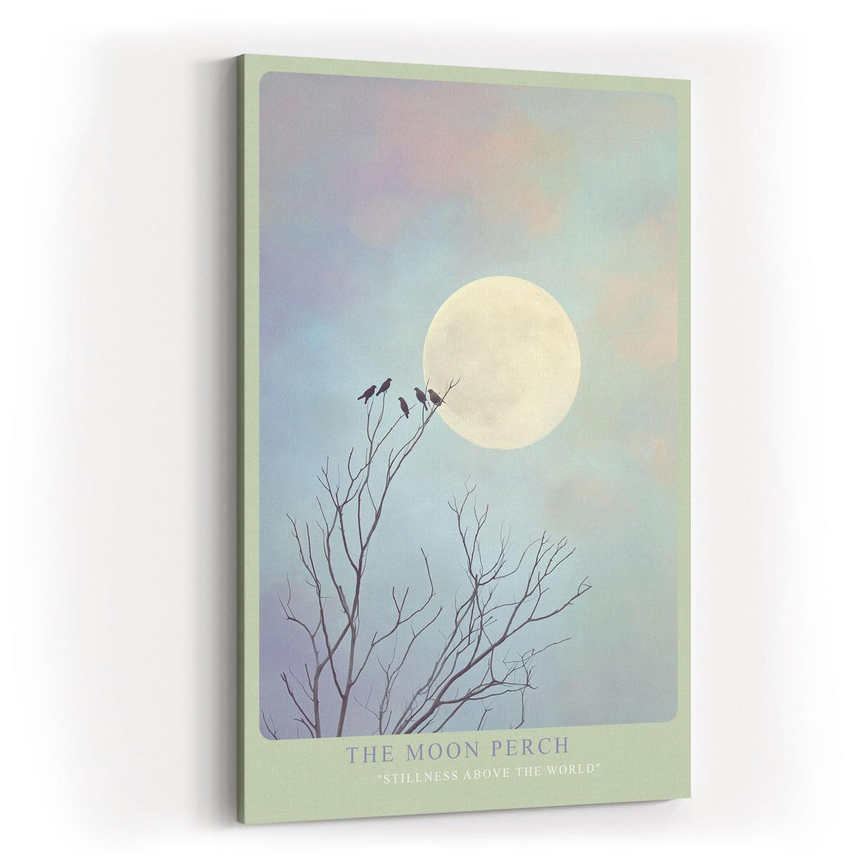 Paul Sinus Wandbild in 40x60cm The Moon Perch Vögel auf kahlen Ästen vor großem Mond im sanften Farbenspiel aus Blau und Rosa