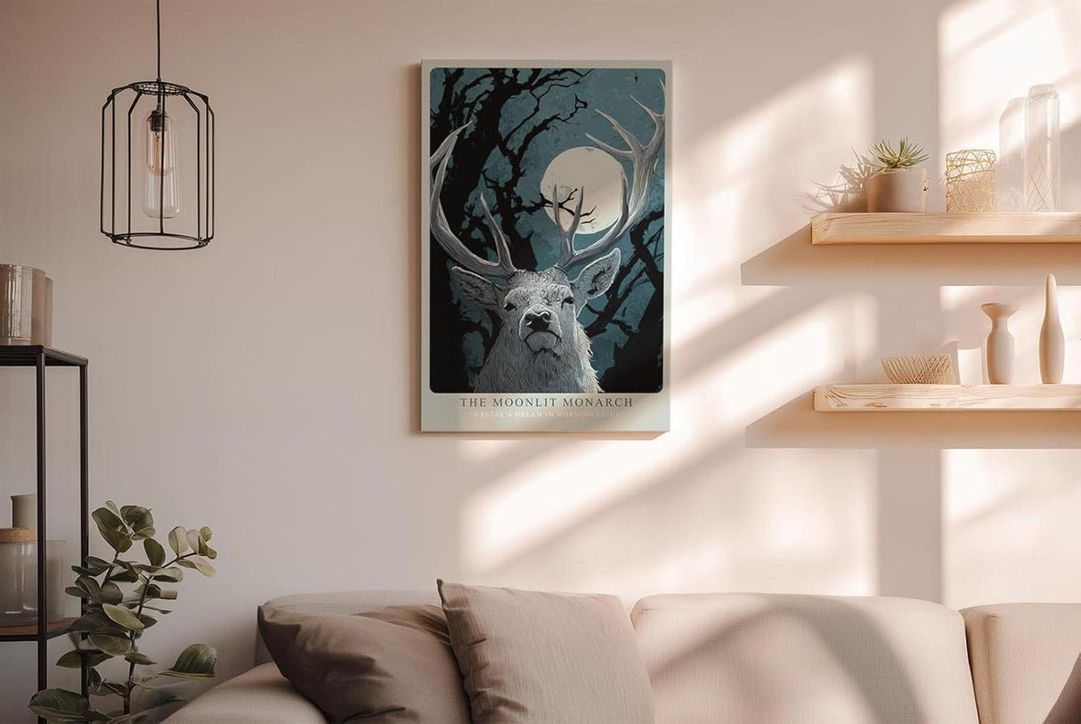Paul Sinus Wandbild in 40x60cm The Moonlit Monarch – stolzer Hirsch unter dem Mondlicht, kunstvolle Waldillustration in tiefen Blautönen