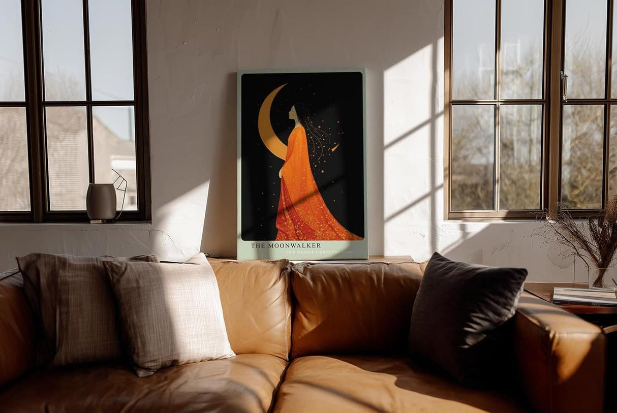 Paul Sinus Wandbild in 40x60cm The Moonwalker Illustration einer Frau im orangefarbenen Kleid vor Mondsichel mit eleganter, verträumter Ausstrahlung