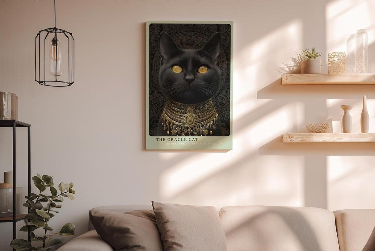 Paul Sinus Wandbild in 40x60cm The Oracle Cat mit schwarzer Katze und goldenen Augen vor ornamentalem Hintergrund für edle Wandgestaltung