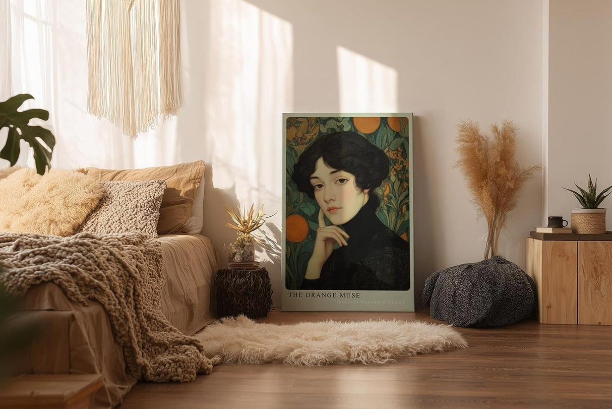 Paul Sinus Wandbild in 40x60cm The Orange Muse – Elegantes Porträt im Jugendstil mit warmen Orangetönen und kunstvollen floralen Details