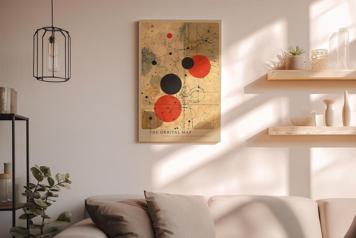 Paul Sinus Wandbild in 40x60cm The Orbital Map – Abstraktes Spiel aus roten und schwarzen Kreisen auf beigem Hintergrund mit feinen Linien wie unsichtbare Kräfte