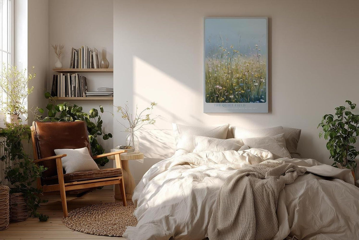 Paul Sinus Wandbild in 40x60cm The Quiet Field Sanfte Wildblumenwiese in Pastellfarben unter klarem Himmel für ruhige und harmonische Raumakzente