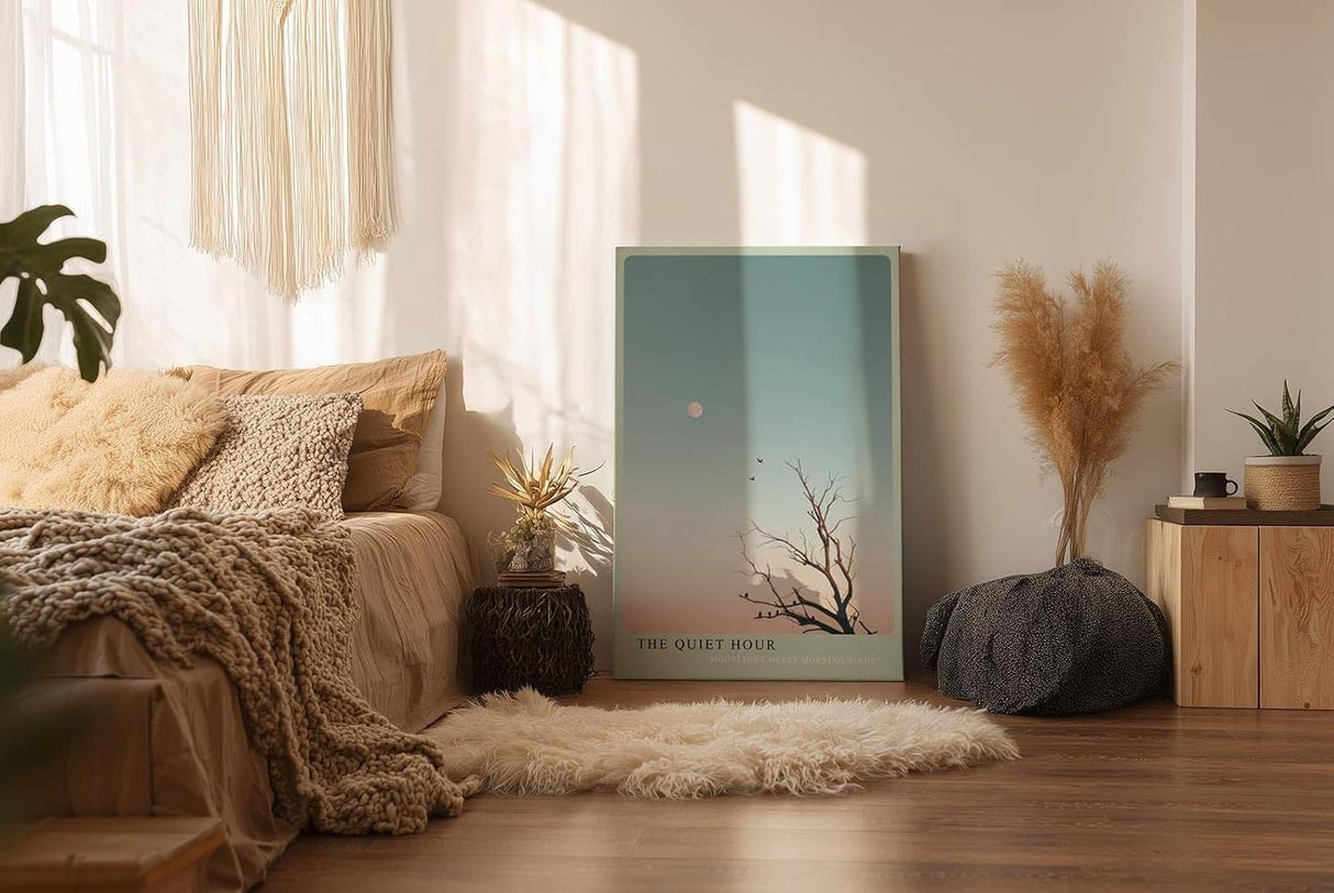 Paul Sinus Wandbild in 40x60cm The Quiet Hour Minimalistische Landschaft mit Baum, Vögeln und Mond im sanften Farbverlauf von Blau zu Rosa