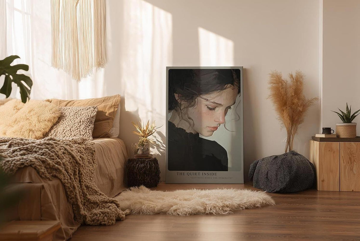 Paul Sinus Wandbild in 40x60cm The Quiet Inside – Ausdrucksstarkes Porträt einer jungen Frau mit sanft gesenktem Blick, Bilder in moderner Interpretation, edel und zeitlos für stilvolle Wohnräume