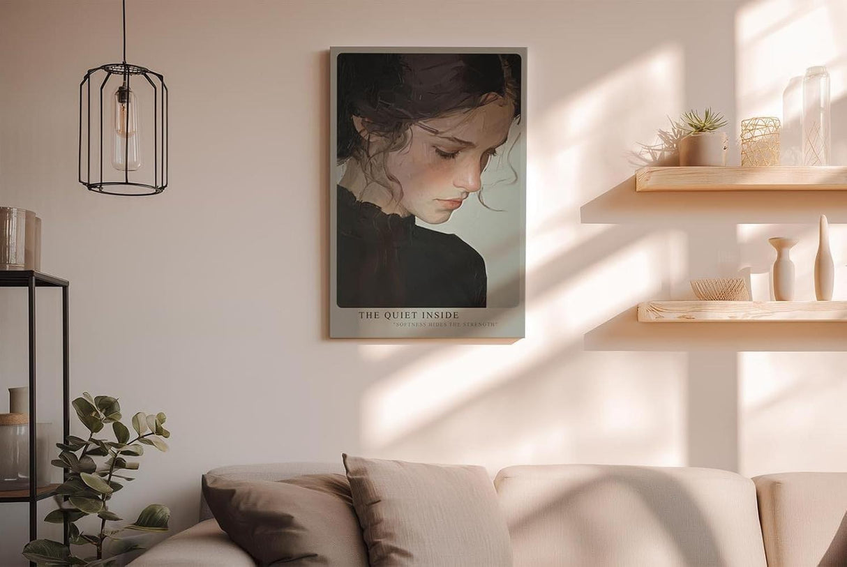 Paul Sinus Wandbild in 40x60cm The Quiet Inside – Ausdrucksstarkes Porträt einer jungen Frau mit sanft gesenktem Blick, Bilder in moderner Interpretation, edel und zeitlos für stilvolle Wohnräume