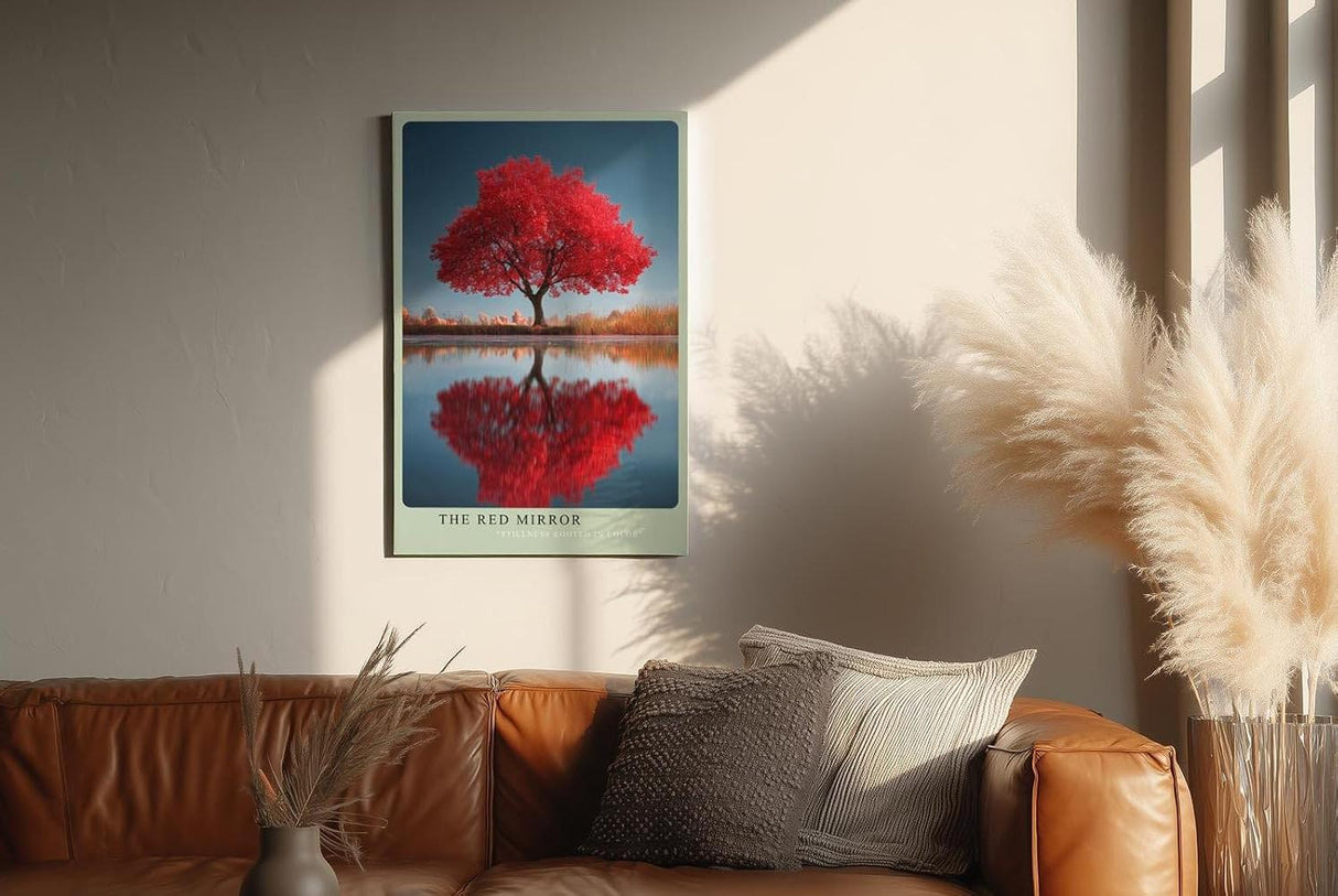 Paul Sinus Wandbild in 40x60cm The Red Mirror Strahlender roter Baum mit perfekter Spiegelung im Wasser vor sanfter Landschaftskulisse