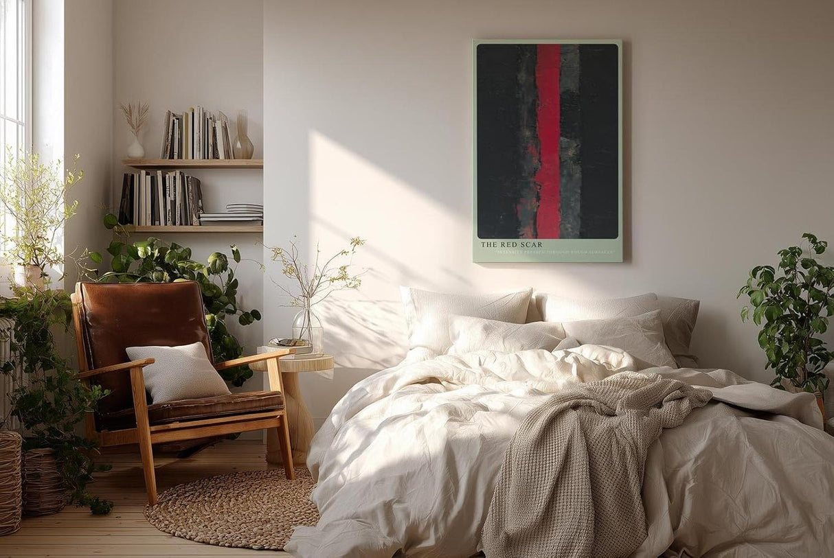 Paul Sinus Wandbild in 40x60cm The Red Scar – Abstraktes Kunstwerk mit intensivem rotem Streifen auf dunklem Grund