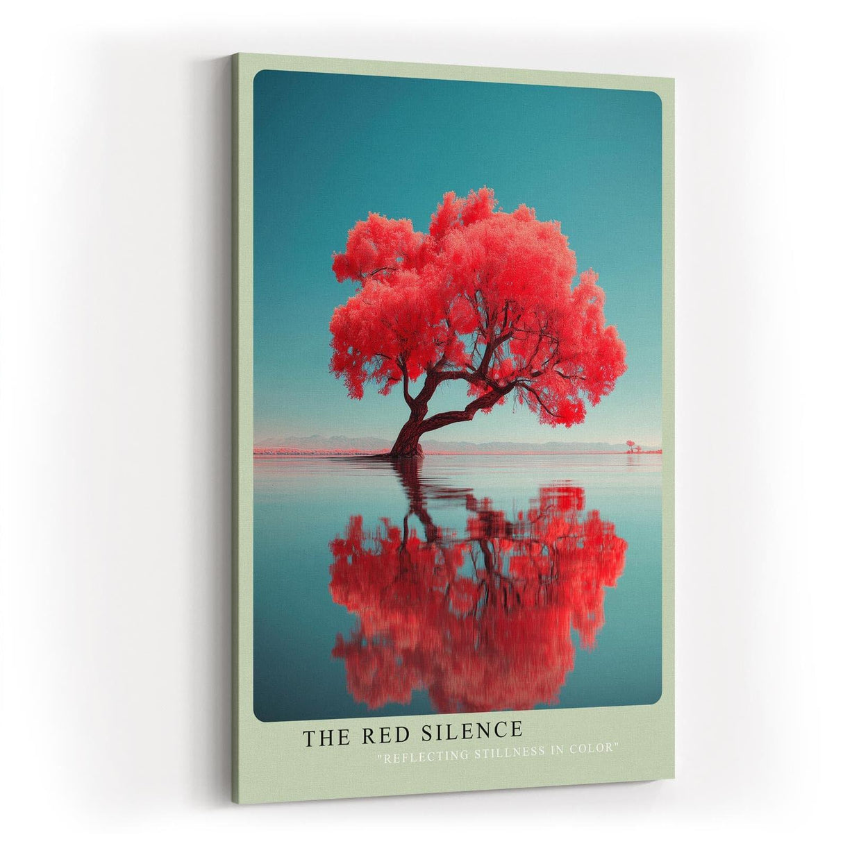 Paul Sinus Wandbild in 40x60cm The Red Silence – leuchtend roter Baum im Wasser mit Spiegelung, moderne Naturfotokunst