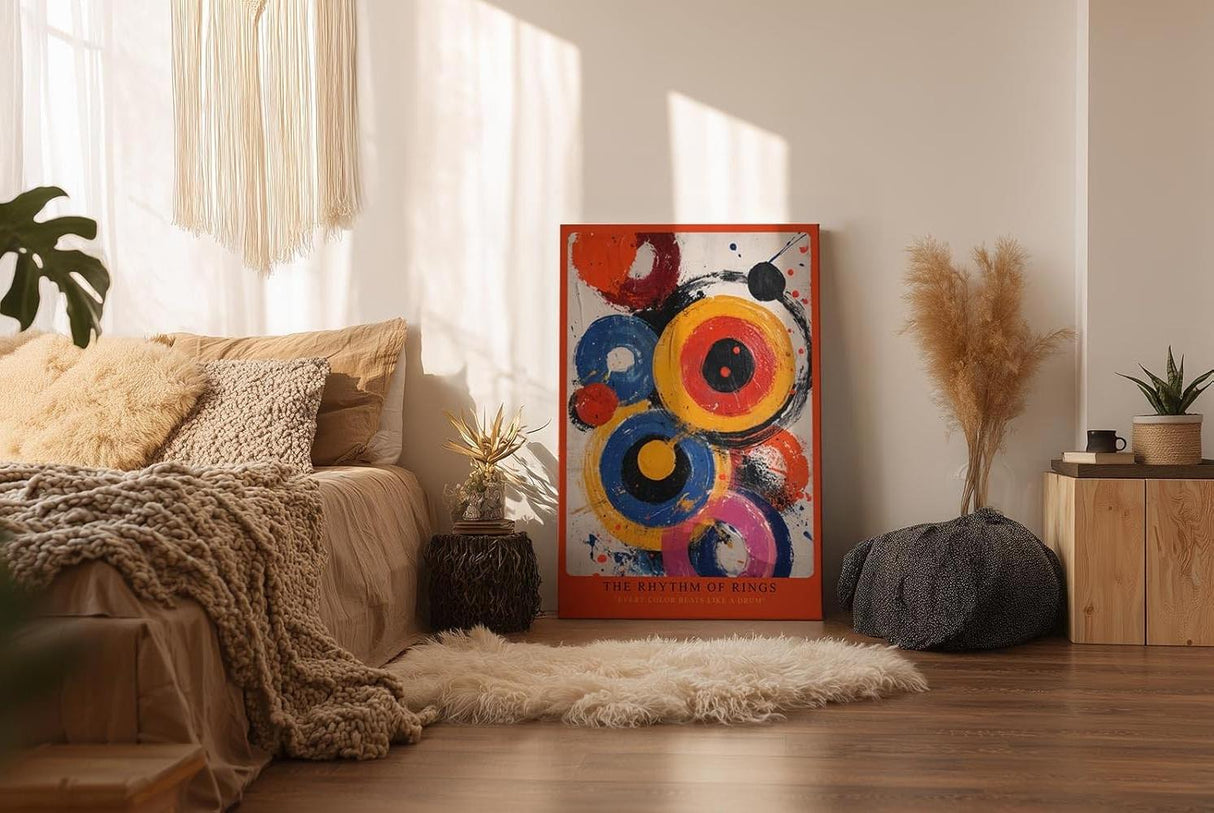 Paul Sinus Wandbild in 40x60cm The Rhythm of Rings – Lebendige Komposition aus farbkräftigen Kreisen in Gelb, Rot, Blau, Pink und Schwarz mit dynamischen Pinselspuren