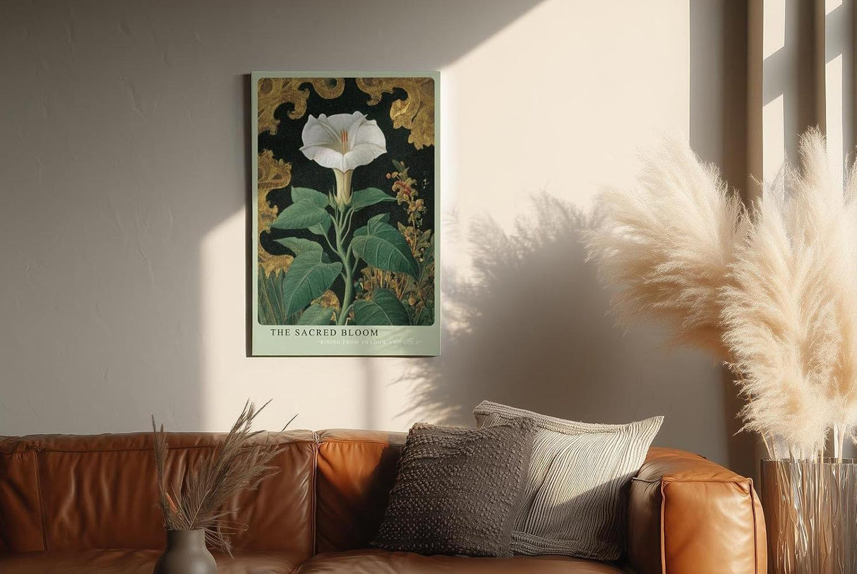 Paul Sinus Wandbild in 40x60cm The Sacred Bloom Botanische Darstellung einer weißen Blüte mit grünen Blättern vor golden verziertem Hintergrund