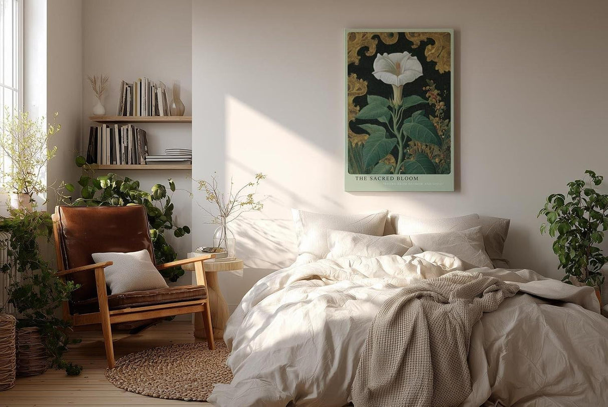 Paul Sinus Wandbild in 40x60cm The Sacred Bloom Botanische Darstellung einer weißen Blüte mit grünen Blättern vor golden verziertem Hintergrund