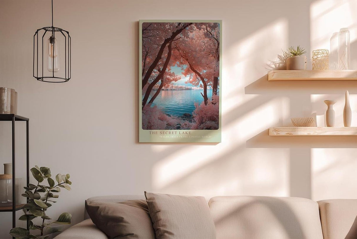 Paul Sinus Wandbild in 40x60cm The Secret Lake – Pastellfarbene Baumlandschaft am See mit romantischem Flair, verträumte Naturkulisse in sanften Tönen