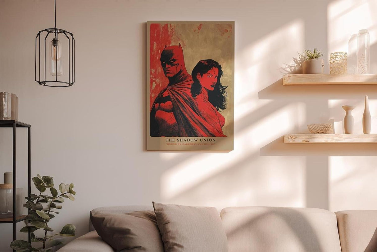 Paul Sinus Wandbild in 40x60cm The Shadow Union – Batman und mysteriöse Frau in intensiver roter Komposition, ausdrucksstarkes Pop-Art-Design für moderne Räume