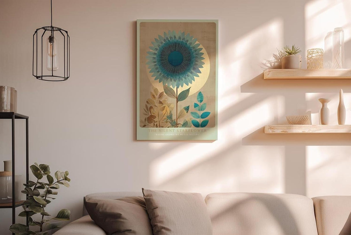 Paul Sinus Wandbild in 40x60cm The Silent Starflower stilisierte Sonnenblume in Blauund Goldtönen moderne Naturkunst auf Leinwand