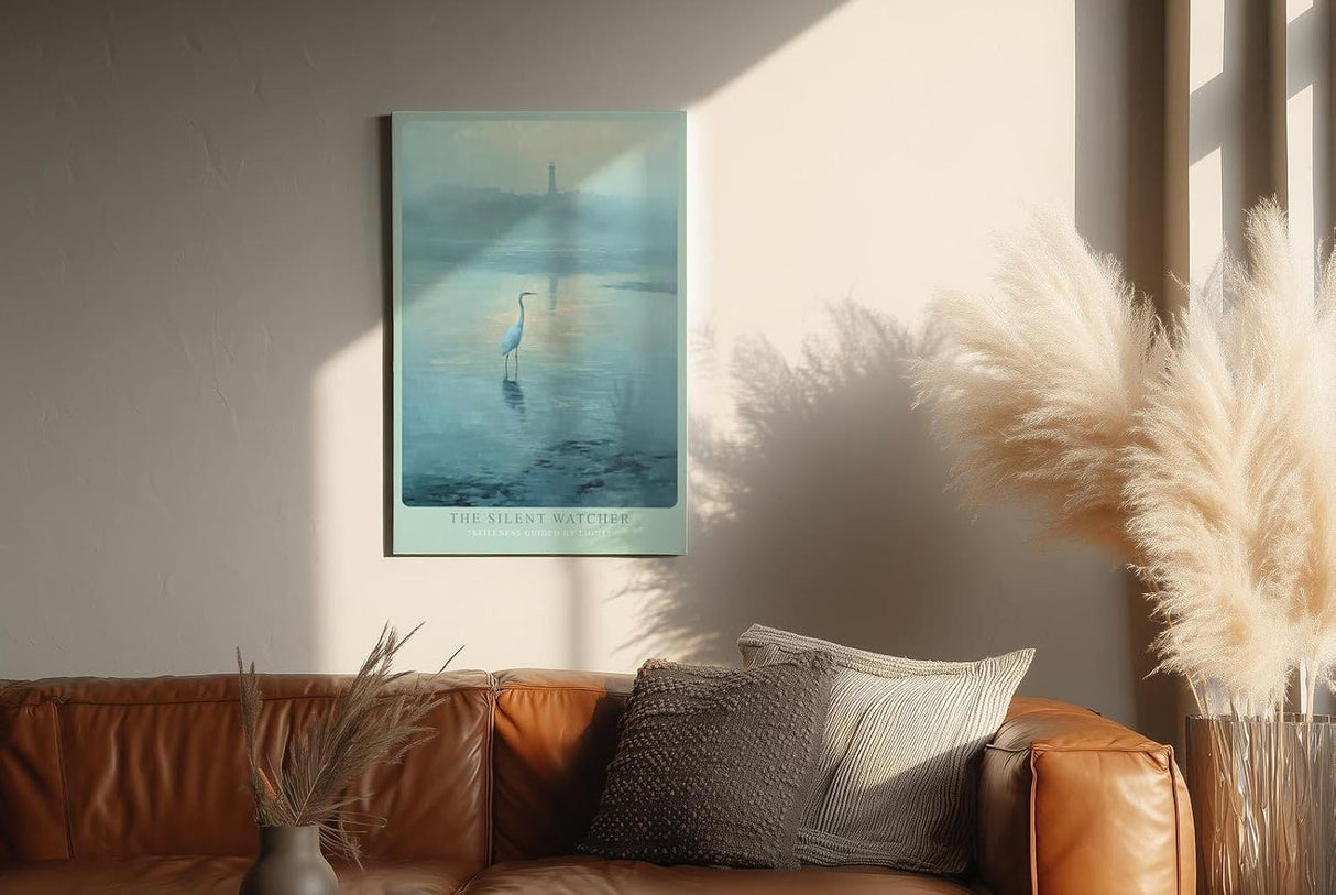Paul Sinus Wandbild in 40x60cm The Silent Watcher mit elegantem Reiher vor nebliger Küstenlandschaft für ruhige Wandgestaltung