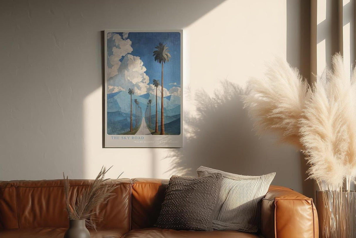 Paul Sinus Wandbild in 40x60cm The Sky Road mit Palmenallee und dramatischem Wolkenhimmel vor blauen Bergen für eindrucksvolle Wandgestaltung