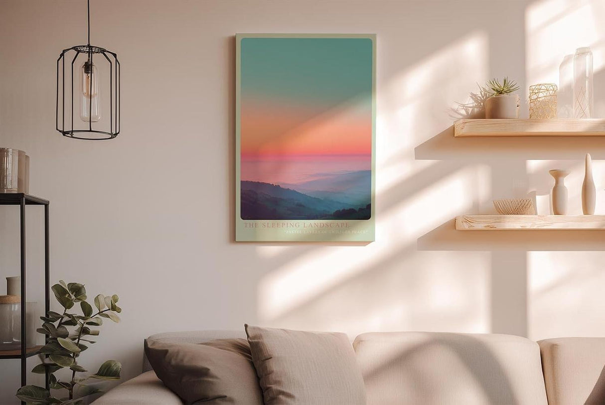 Paul Sinus Wandbild in 40x60cm The Sleeping Landscape mit pastellfarbenem Sonnenuntergang über sanften Hügeln für beruhigende Wandgestaltung
