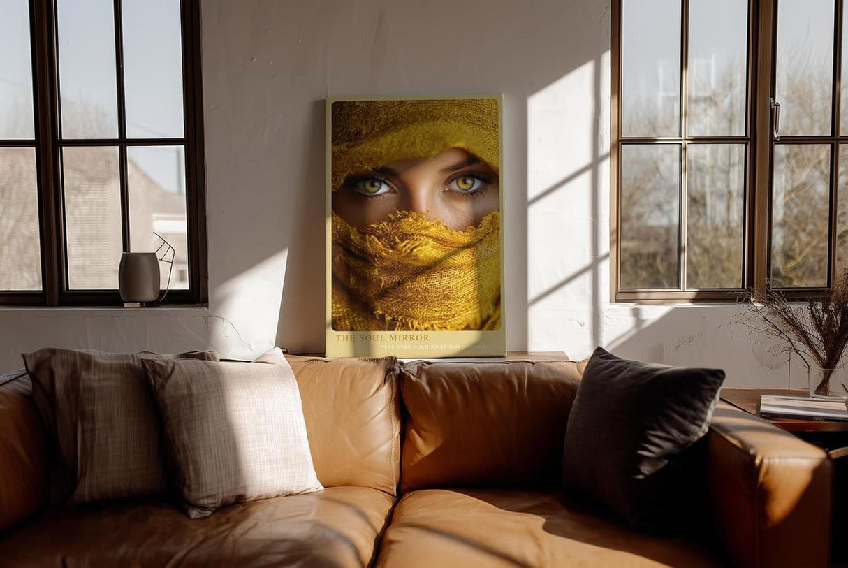 Paul Sinus Wandbild in 40x60cm The Soul Mirror – Intensiver Blick durch goldene Augen mit gelbem Stoff umhüllt