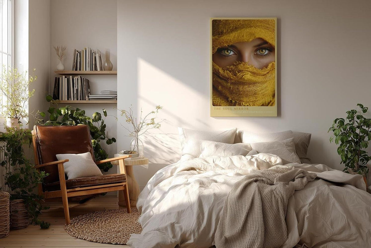 Paul Sinus Wandbild in 40x60cm The Soul Mirror – Intensiver Blick durch goldene Augen mit gelbem Stoff umhüllt