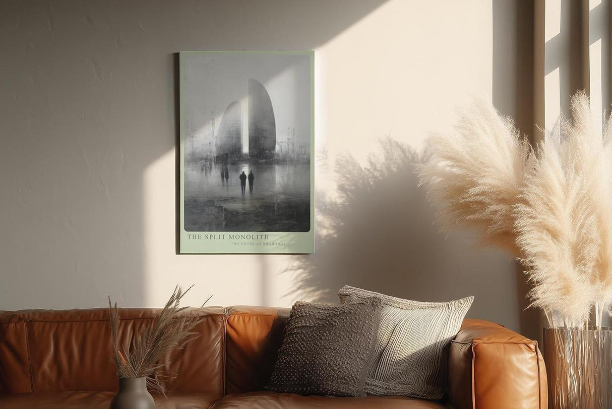 Paul Sinus Wandbild in 40x60cm The Split Monolith Zwei monumentale, geteilte Bauwerke in nebliger Stadtlandschaft mit Figuren im Vordergrund