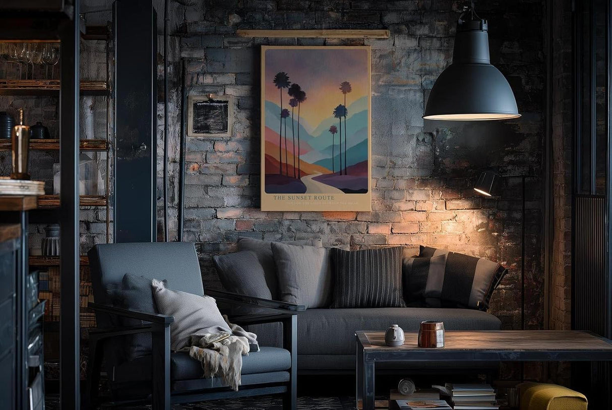 Paul Sinus Wandbild in 40x60cm The Sunset Route – farbenprächtige Palmenlandschaft im Licht des Sonnenuntergangs, moderne Wandkunst