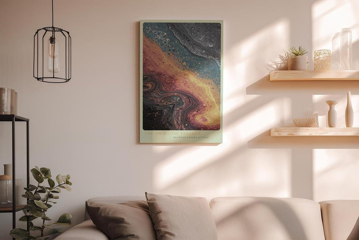 Paul Sinus Wandbild in 40x60cm The Swirling Passage in warmen Braun-, Gelbund Blautönen mit organischen Farbmustern für zeitlose Raumgestaltung
