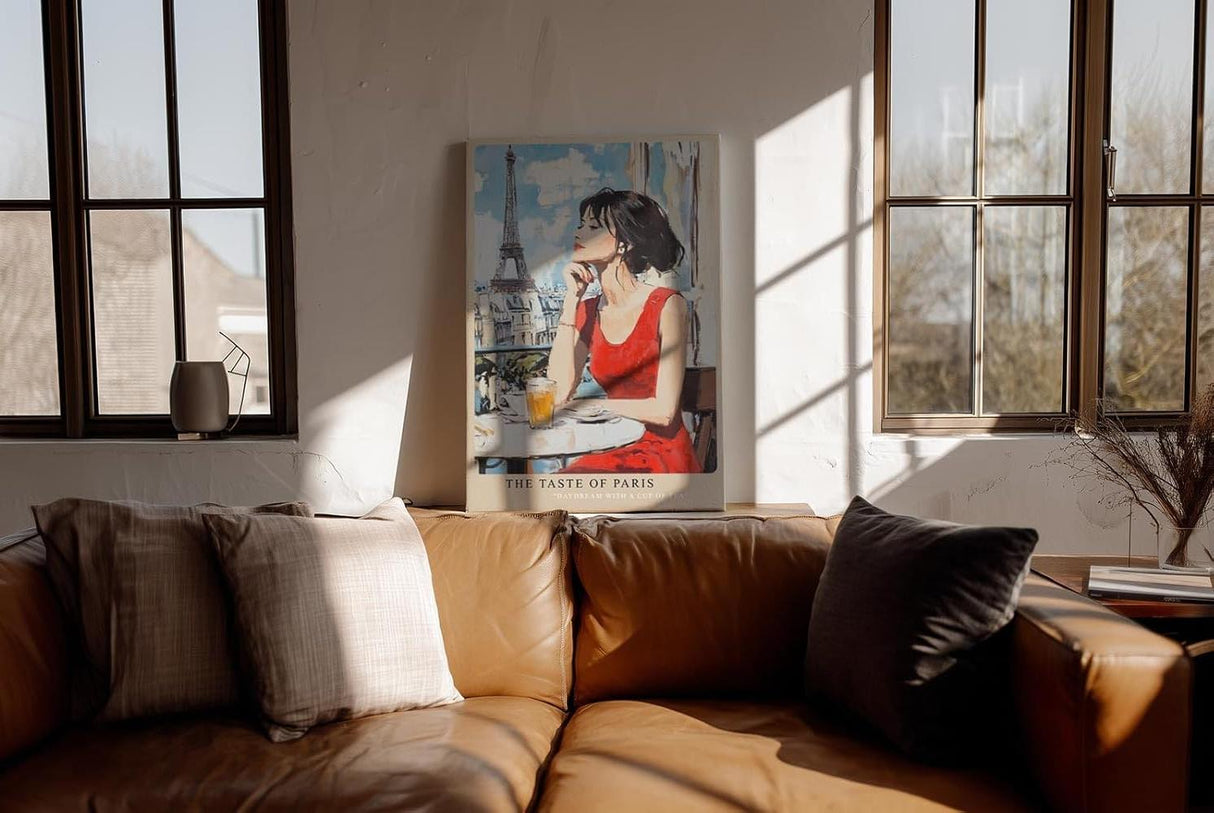 Paul Sinus Wandbild in 40x60cm The Taste of Paris Bilder einer Frau im roten Kleid auf einer Pariser Terrasse mit Blick auf den Eiffelturm