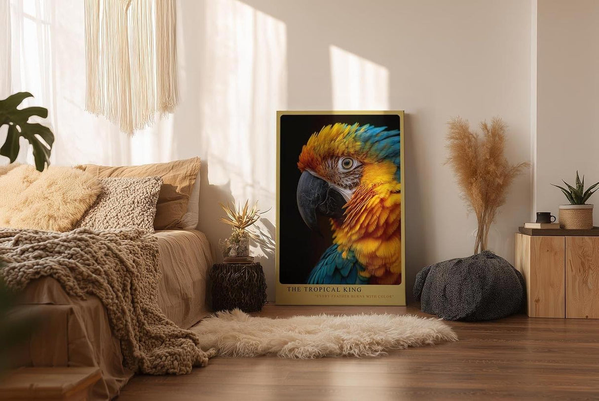 Paul Sinus Wandbild in 40x60cm The Tropical King – farbenprächtiges Porträt eines Aras in intensiven Blauund Gelbtönen für exotische Raumgestaltung