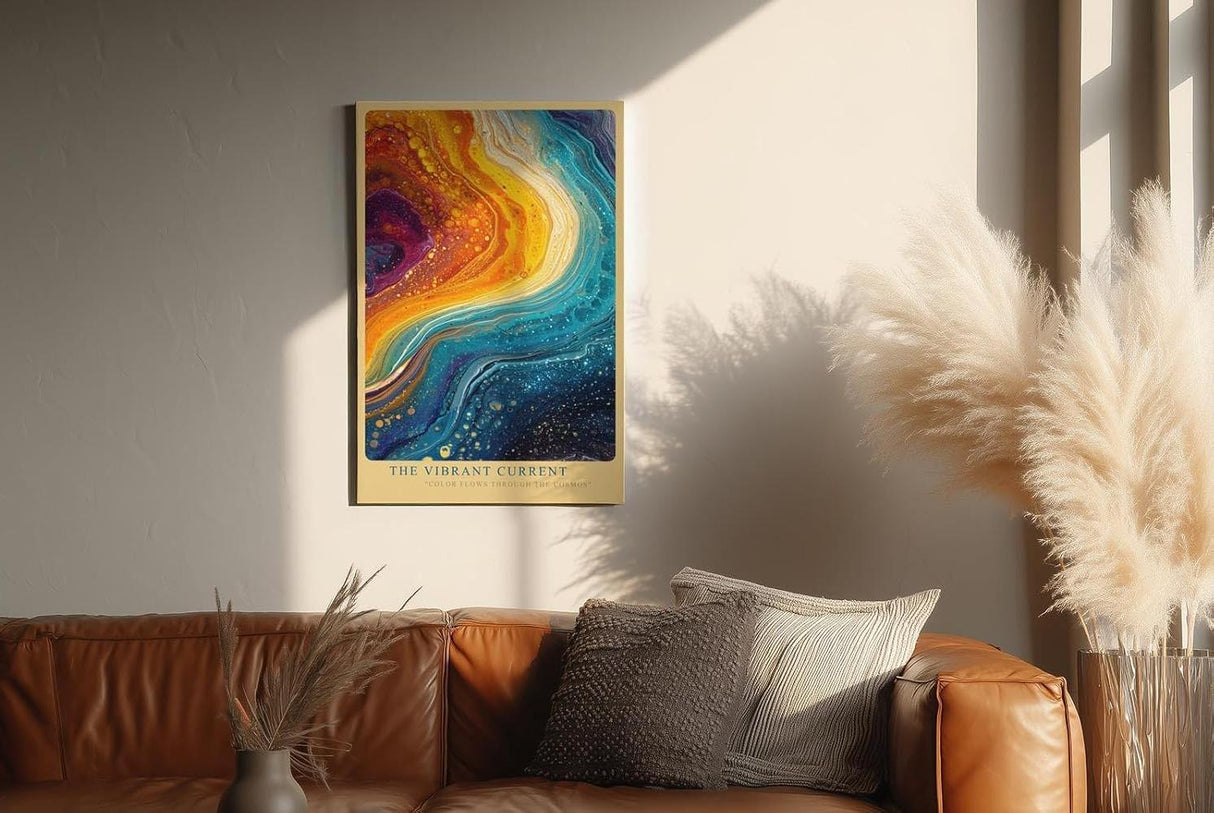 Paul Sinus Wandbild in 40x60cm The Vibrant Current – Abstrakte Farbströme in leuchtendem Blau, Orange und Gelb, inspiriert von kosmischen Bewegungen und kreativer Energie