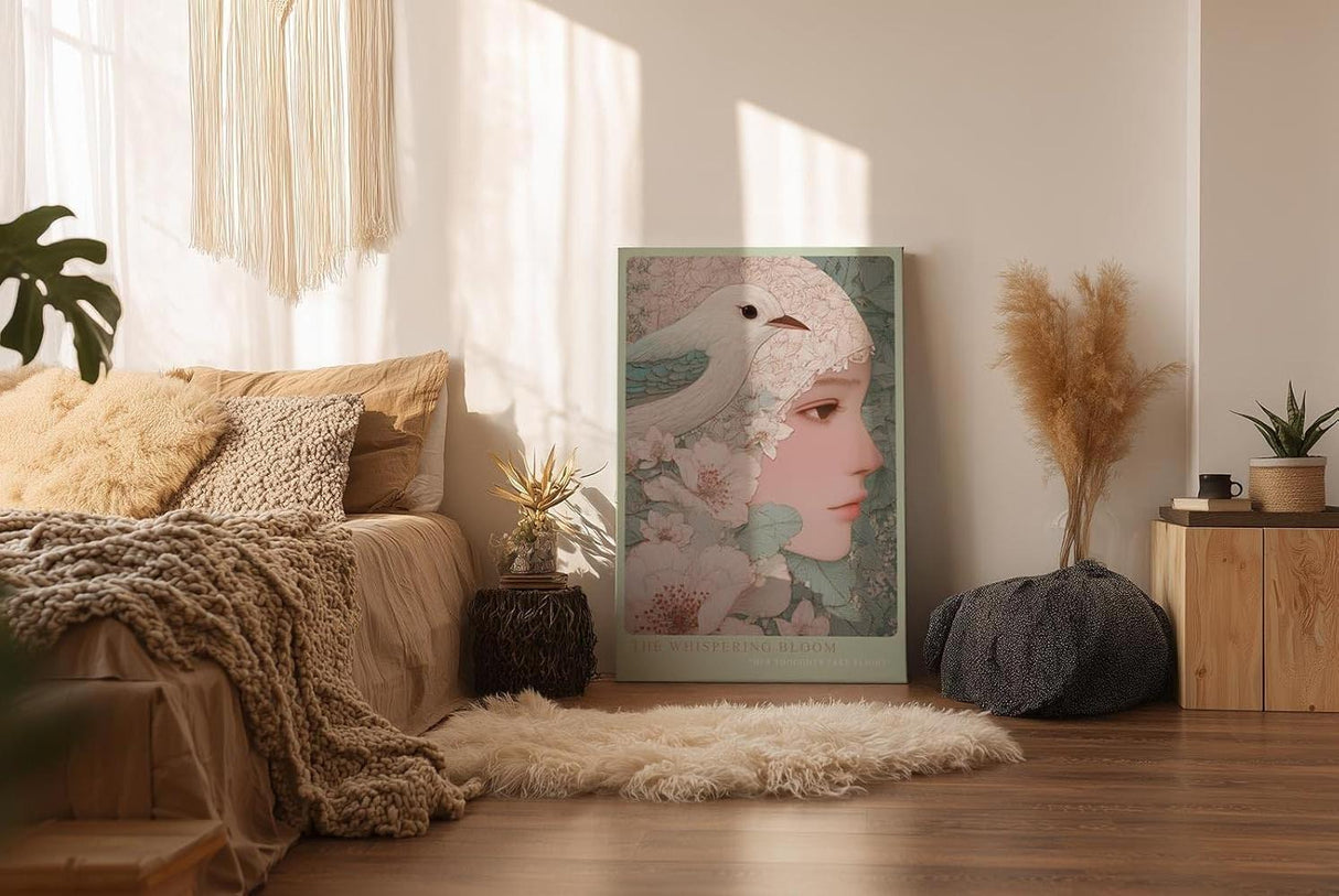 Paul Sinus Wandbild in 40x60cm The Whispering Bloom – Fein gezeichnetes Porträt mit floralen Linienmustern und Vogel in sanfter Farbigkeit