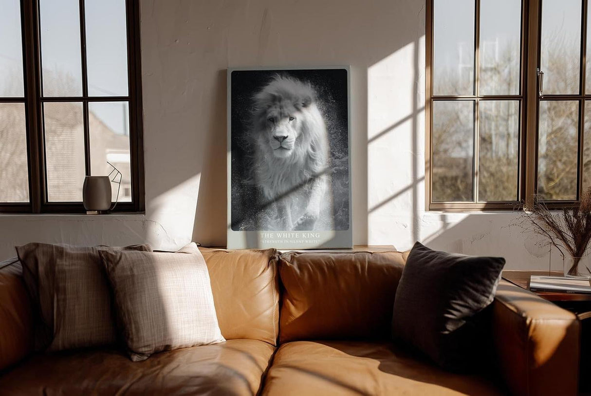 Paul Sinus Wandbild in 40x60cm The White King Weißer Löwe in frontaler Pose mit Wasserbewegung in monochromer Darstellung
