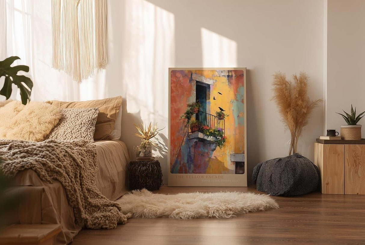 Paul Sinus Wandbild in 40x60cm The Yellow Facade – Mediterrane Balkonszene mit leuchtend gelber Fassade und verspielten Details in impressionistischem Stil