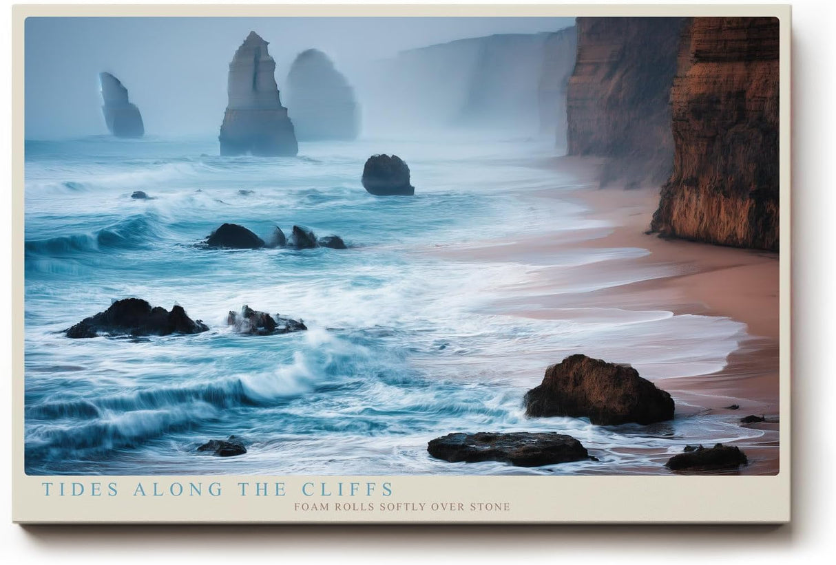 Paul Sinus Wandbild 120x80cm Tides Along the Cliffs Ruhige Meereskueste mit Felsen und Wellen Landschaft Kunst fuer Wohnzimmer Schlafzimmer und Büro