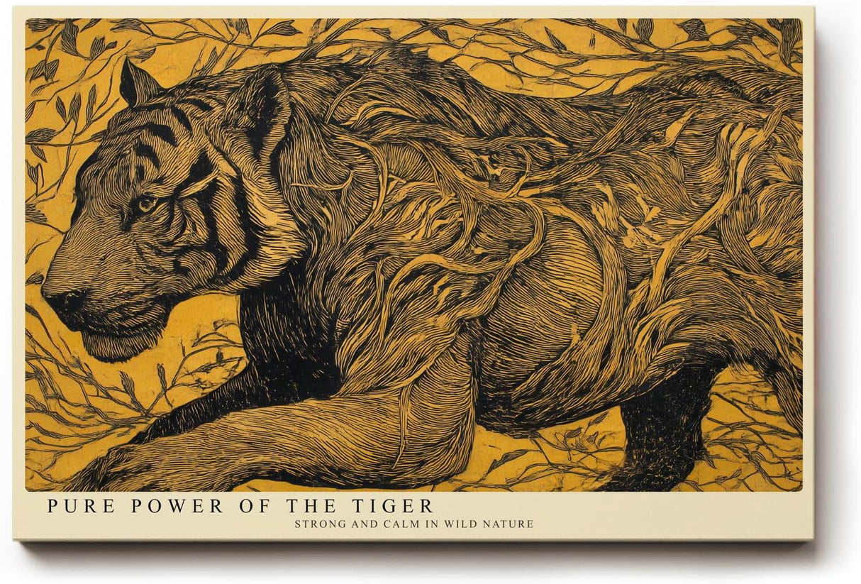 Paul Sinus Wandbild 120x80cm Tiger Illustration in Gold Schwarz Moderne Tierkunst Wanddekoration