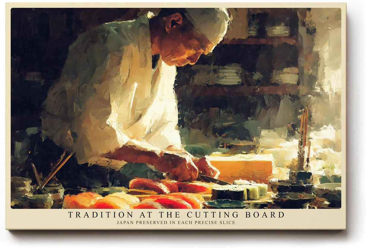 Paul Sinus Wandbild 120x80cm Tradition am Schneidebrett japanische Kochkunst atmosphaerisches Kuechenmotiv Kunstdruck fuer Kueche Restaurant und Essbereich