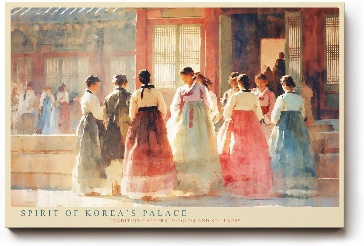 Paul Sinus Wandbild 120x80cm Traditionelle koreanische Hofszene mit Hanbok Gewaendern Kulturelle Kunst in sanften Pastellfarben