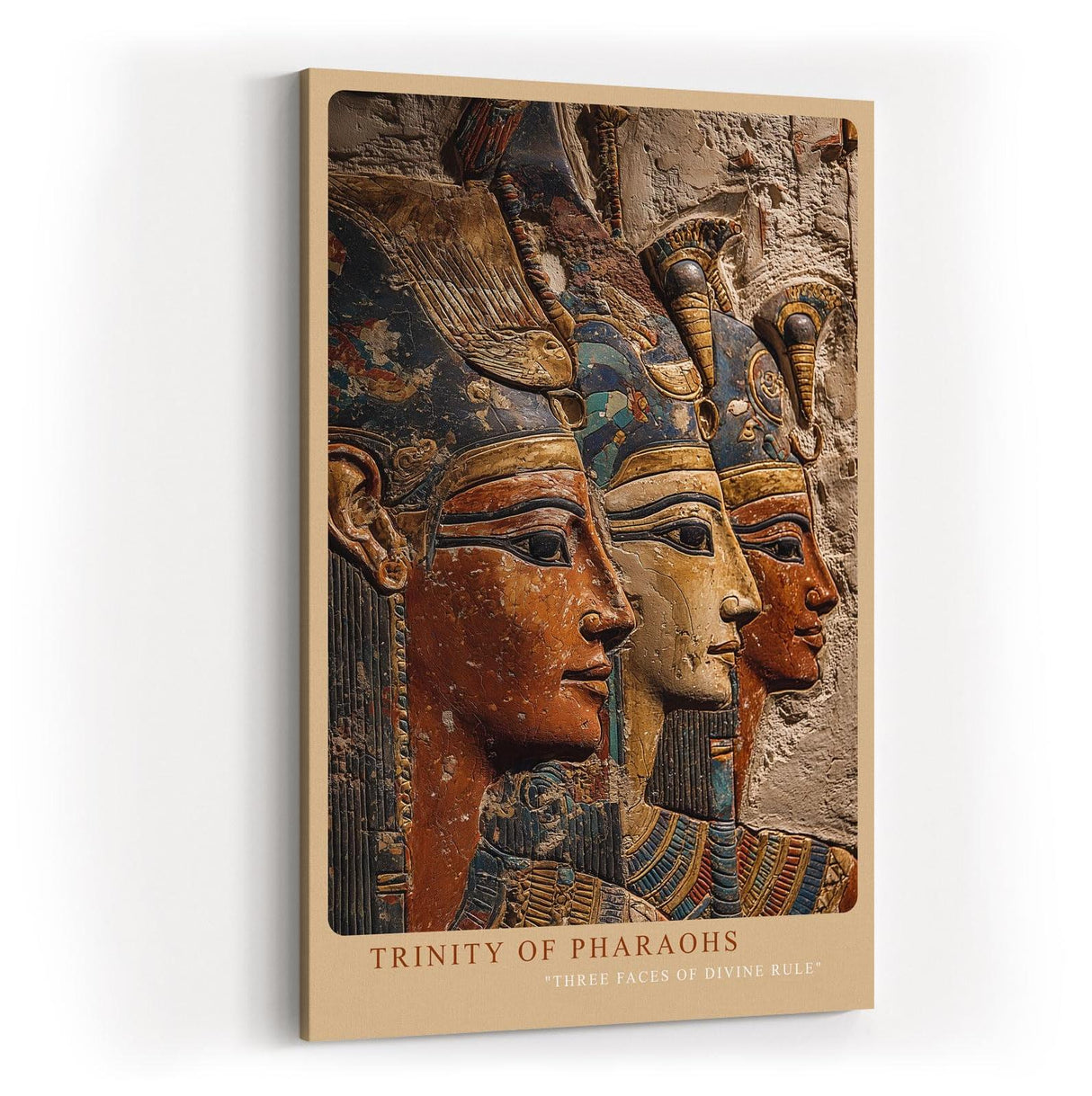 Paul Sinus Wandbild in 40x60cm Trinity of Pharaohs – Drei ägyptische Herrscher im kunstvollen Relief mit Gold-, Blauund Erdtönen