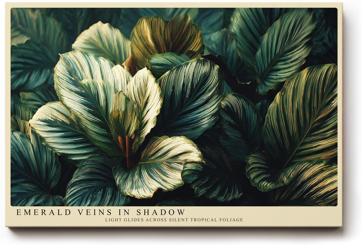 Paul Sinus Wandbild 120x80cm Tropische Blattkomposition in Gruen Botanische Naturkunst mit dunklem Hintergrund